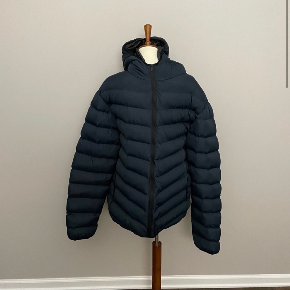 BooHoo MAN Jacket Coat Full Zip Puffer Quilted Hooded Pockets Winter Blue Black